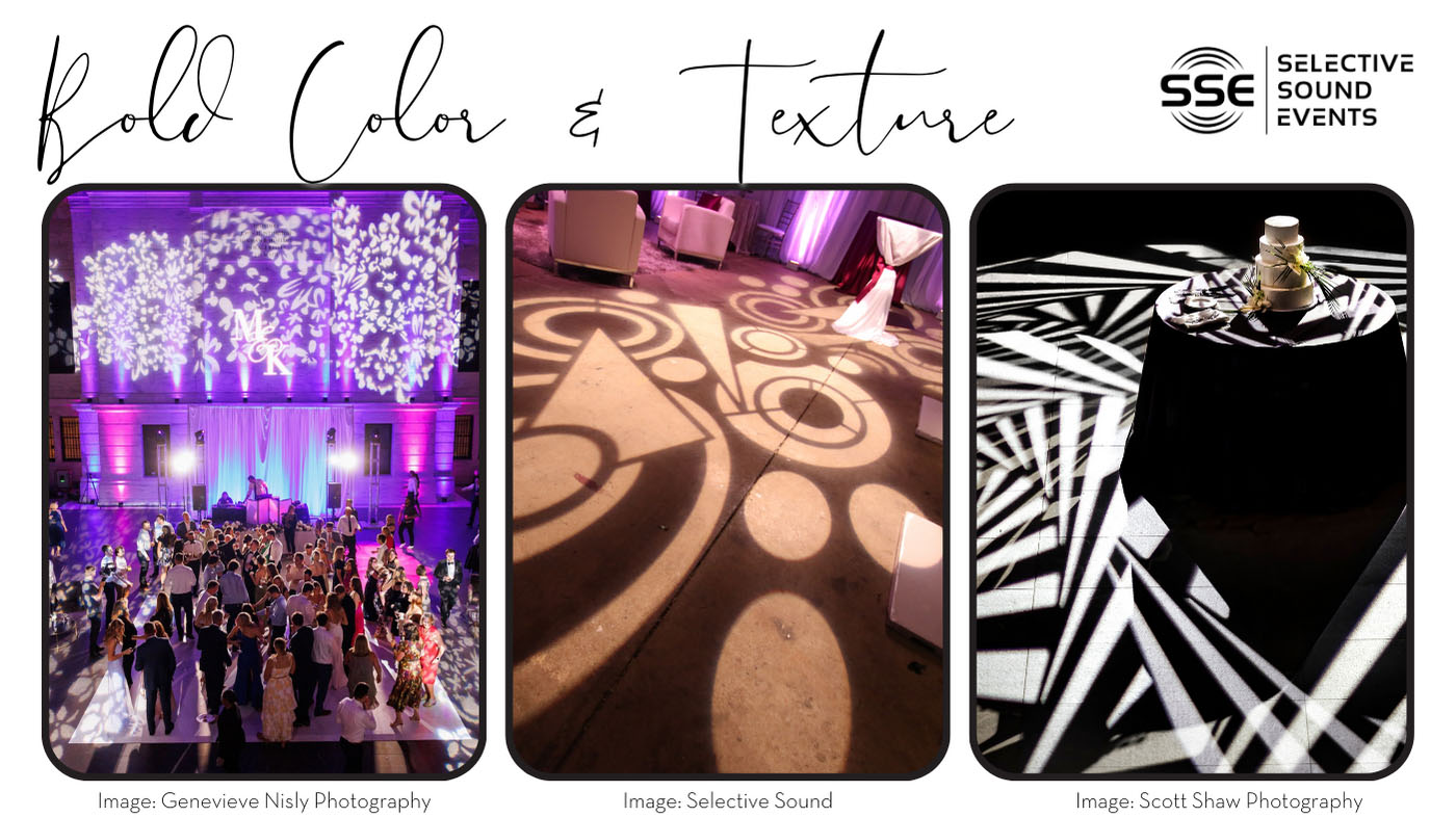 graphic showcasing bold lighting design options for weddings